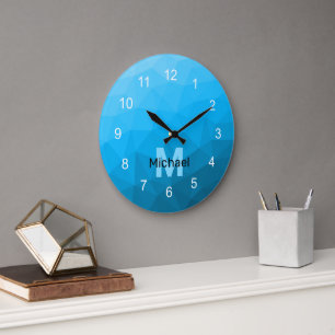 Blauw cyaan verloop geometrisch mesh patroon Monog Grote Klok