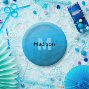 Blauw cyaan verloop geometrisch mesh patroon Monog Papieren Bordje