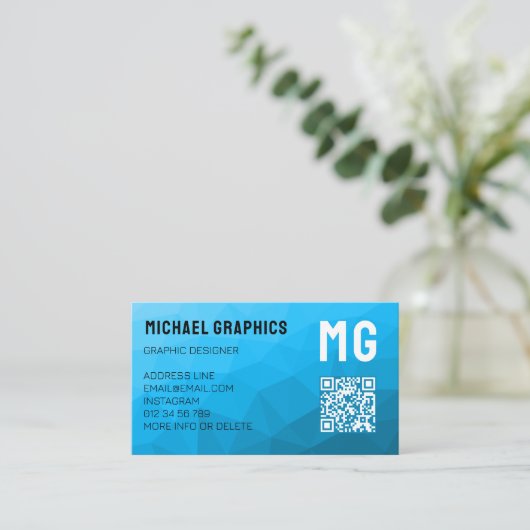 Blauw cyan verloop geometrisch mesh patroon QR-cod Visitekaartje (Staand voorkant)