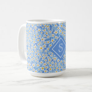 Blauw Daisy Bloempatroon Monogram Koffiemok