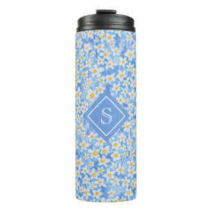 Blauw Daisy Bloempatroon Monogram Thermosbeker