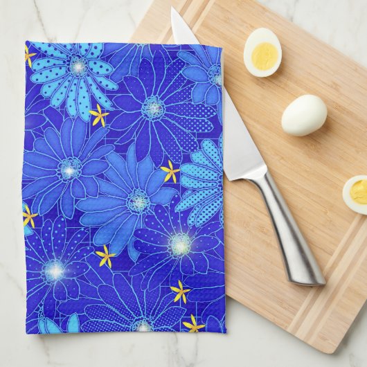 blauw Daisy-patroon Theedoek (Quarter Fold)