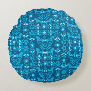 Blauw Dala Zweeds Paard Print Rond Kussen