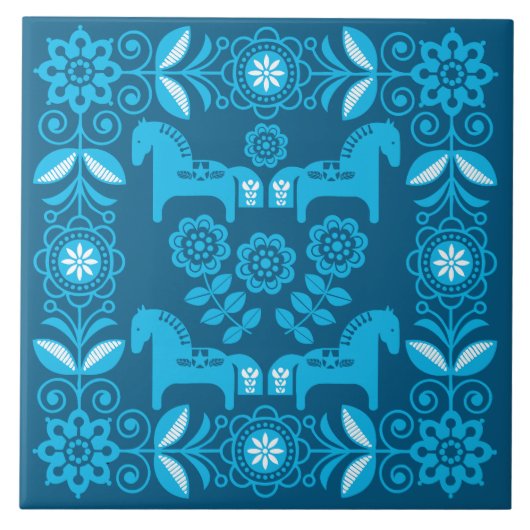 Blauw Dala Zweeds Paard Print Tegeltje (Voorkant)
