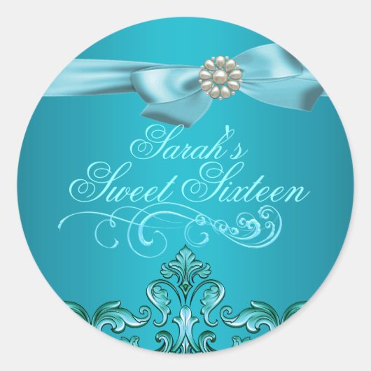 Blauw Damask & Bow Sweet 16 Envelop Sticker/seal Ronde Sticker (Voorkant)
