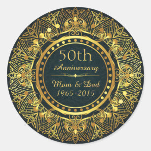 Blauw Damask en Goud 50e Bruiloft Jubileum Ronde Sticker