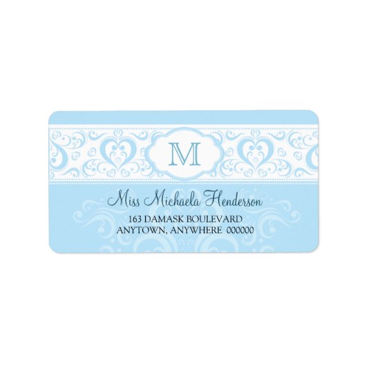 Blauw Damask Monogram Adreslabel Etiket (Voorkant)