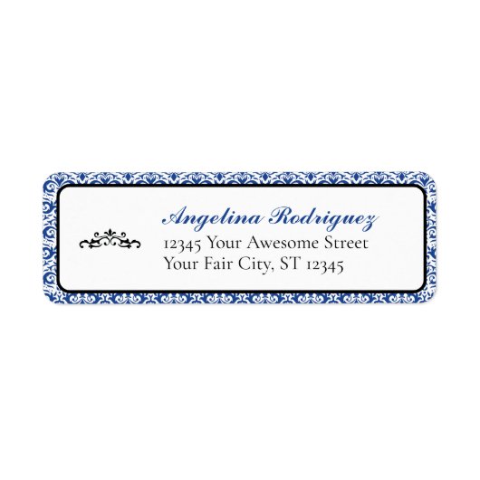 Blauw Damask Pattern Afstuderen Etiket (Voorkant)