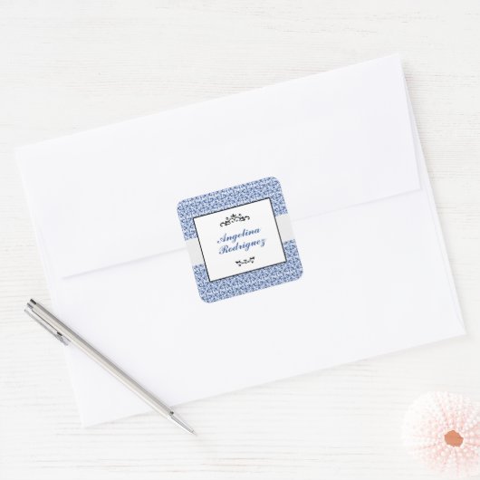 Blauw Damask Pattern Afstuderen Vierkante Sticker (Envelop)