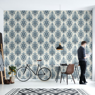 Blauw Damask Style Wallpaper Behang