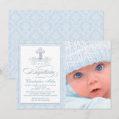 Blauw Damaskus Kruis Jongen Foto Doop Kaart (Voorkant / Achterkant)