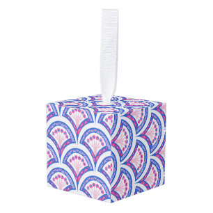 blauw damaspatroon kubus ornament