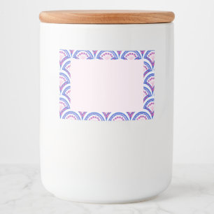 blauw damaspatroon voedselcontainer etiket