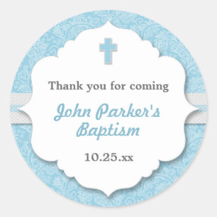 Blauw Damast cross jongen doop doop gunst Ronde Sticker
