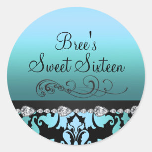 Blauw Damast & Diamant Sweet 16 Sticker