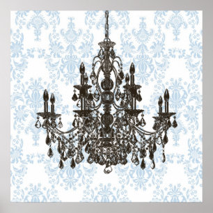 Blauw damast kroonluchter muurkunst print