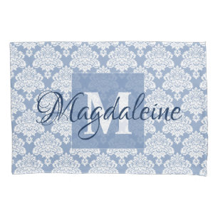 Blauw Damast Kussen Hoesje met Monogram & Naam Kussensloop