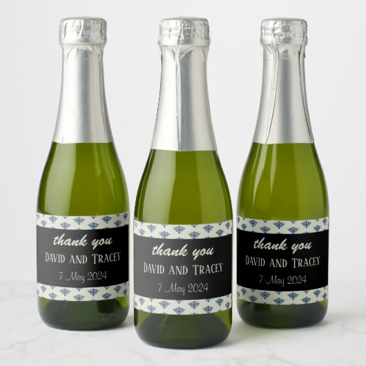 Blauw damast patroon grijs bruiloft sparkling wijnetiket (Flessen)