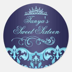 Blauw damast & tiara Sweet 16 envelop sticker/zege Ronde Sticker