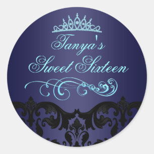 Blauw damast & wervelende Sweet 16 envelop sticker