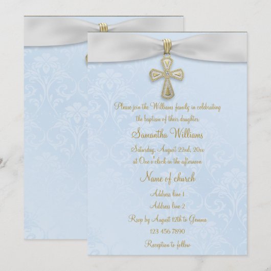 Blauw Damast, Wit Lint & Gouden Kruis Doop Kaart (Voorkant / Achterkant)