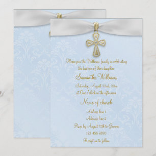 Blauw Damast, Wit Lint & Gouden Kruis Doop Kaart