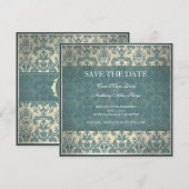 Blauw damasten save the date kaart uit het verlede (Voorkant / Achterkant)