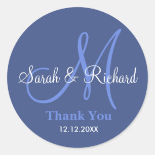 Blauw Dank u Bruiloft Monogram Sticker