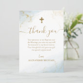 Blauw Dank u Gouden Kruis Jongen Doop Bedankkaart (Staand voorkant)