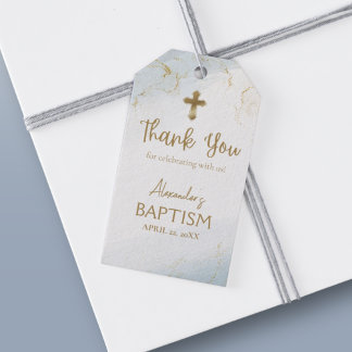 Blauw Dank u Gouden Kruis Jongen Doop Cadeaulabel