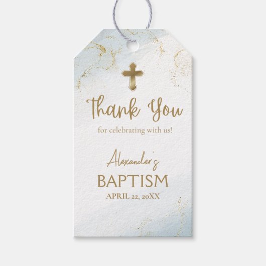 Blauw Dank u Gouden Kruis Jongen Doop Cadeaulabel (Voorkant)