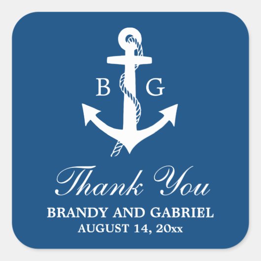 Blauw Dank u Nautical Monogram Weddenschappen Vierkante Sticker (Voorkant)