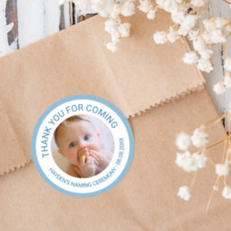 Blauw dank voor uw komst bij de naamsceremoniefoto ronde sticker