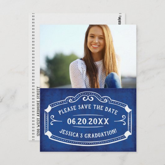 Blauw De datum opslaan Afstuderen Foto Briefkaart (Voorkant / Achterkant)