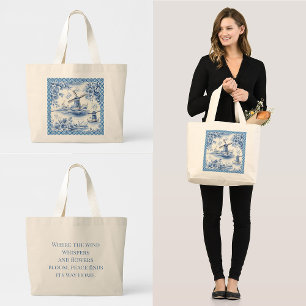 Blauw Delfts Molen Bloemtegel Rand Quote Grote Tote Bag