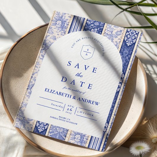 Blauw Delfts Tegelpatchwork Bruiloft Save The Date