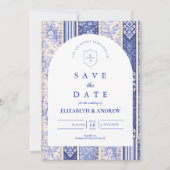 Blauw Delfts Tegelpatchwork Bruiloft Save The Date (Voorkant)