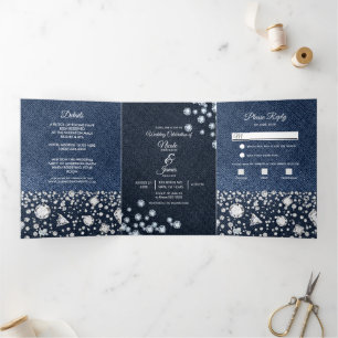Blauw Denim & Diamanten Glam Drieledig Huwelijkspr Drieluik Uitnodiging