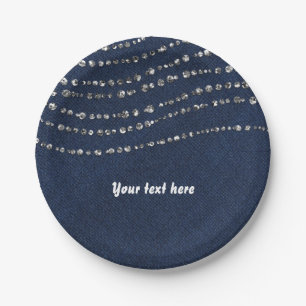 Blauw Denim & Diamanten Glinsterende Bling Verjaar Papieren Bordje