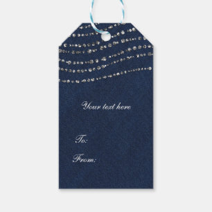 Blauw Denim & Diamanten Glitter Feest Cadeaulabel