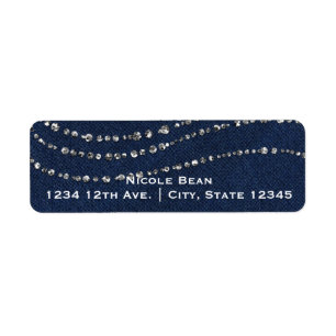 Blauw Denim & Diamanten Glitteren Bling Verjaardag Etiket