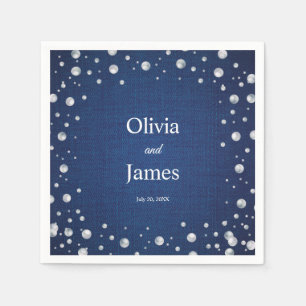Blauw Denim Diamanten Parels Trouw Koppel Bruiloft Servet