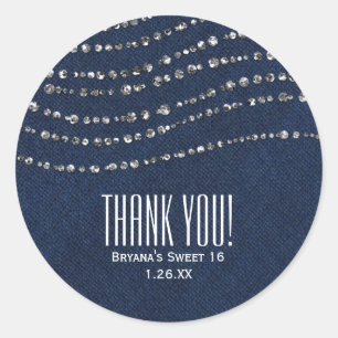 Blauw Denim & Diamonds Sparkle Bling Party Favor Ronde Sticker