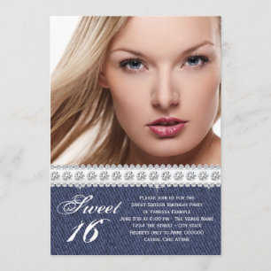 Blauw Denim en Diamanten Sweet Sixteen Feest Kaart