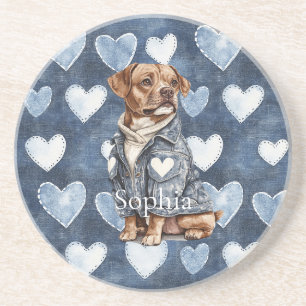 Blauw Denim Jas Hartjes Hond Zandsteen Onderzetter