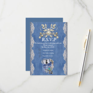 Blauw denim, kant, kostuum sieraden & Kittens RSVP Kaartje