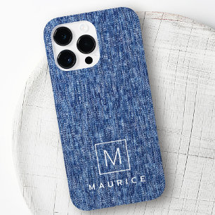 Blauw denim monogram initiaal aangepaste naam Case-Mate iPhone 14 pro max hoesje