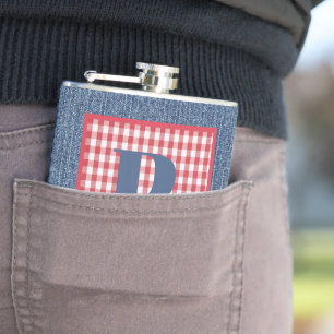 Blauw Denim, Rood & Wit Controle, Groot Initiaal 6 Heupfles