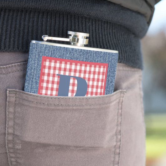 Blauw Denim, Rood & Wit Controle, Groot Initiaal 6 Heupfles (Voorbeeld)