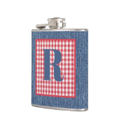 Blauw Denim, Rood & Wit Controle, Groot Initiaal 6 Heupfles (Links)